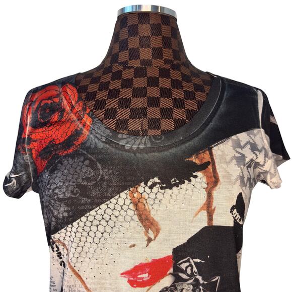 Vtg Y2K Cache AOP Graphic Tee Woman in Hat Size Medium Rhinestone Embellished - Picture 6 of 10